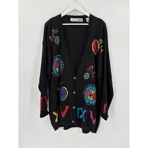 Chaus Vintage Cardigan Sweater Womens 2X Black Knit Clocks Roman Numerals Sequin